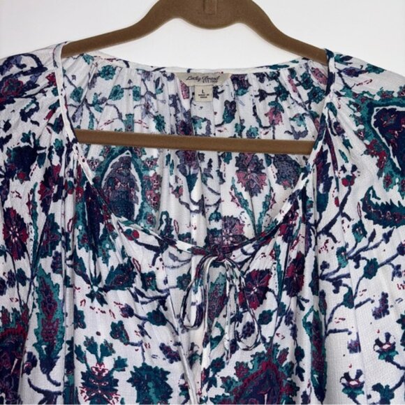 Lucky Brand Women's Large Floral Blouse Tunic Top Peasant Boho Long Sleeve Tie - Picture 4 of 10